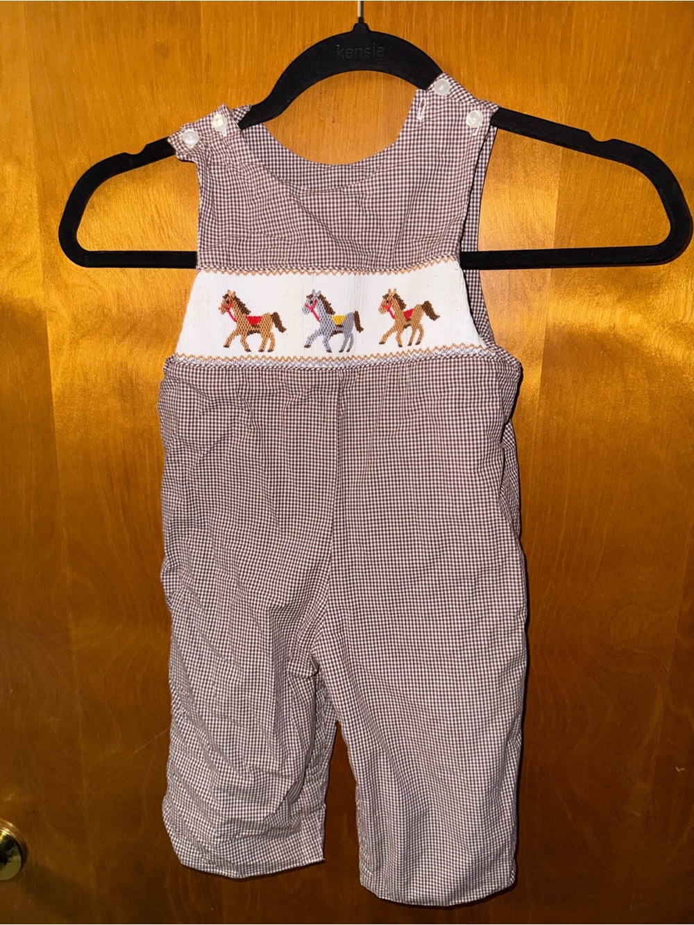 Smocked Horse-Detail Brown Check Kids Overalls